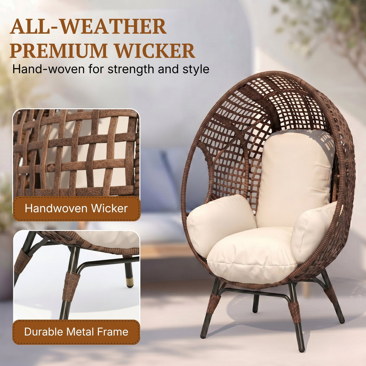 Outdoor Wicker Egg Chair with Cushions (Dark Brown)