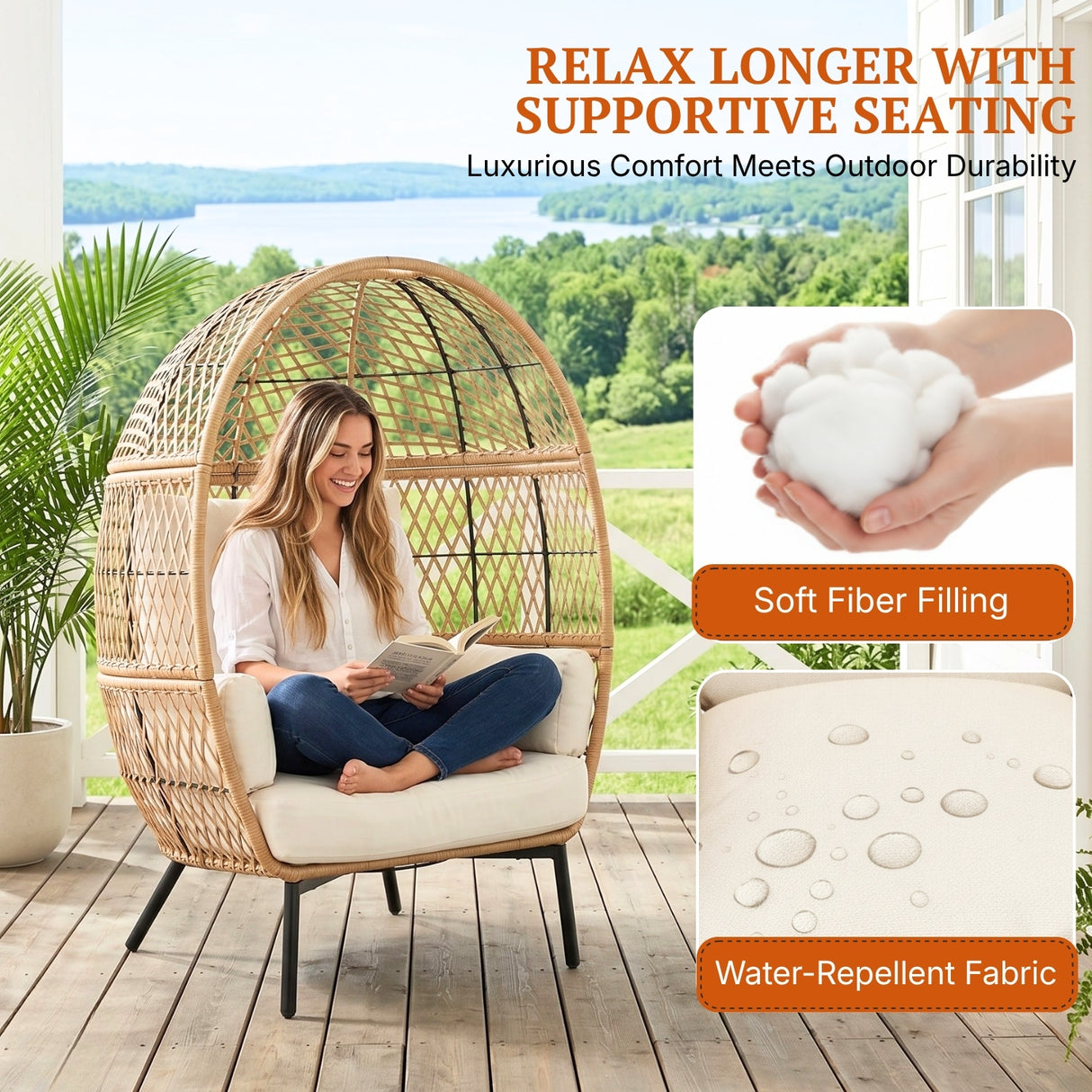 Outdoor Beige Rattan Wicker Lounge Egg Chair