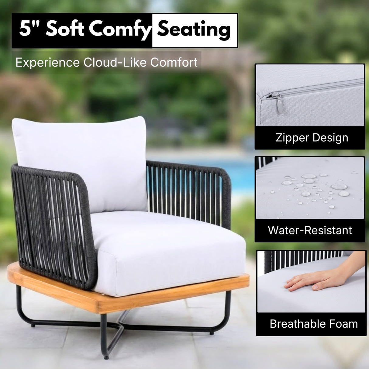 Outdoor Rope Sofa with Wooden Base (Black & White)
