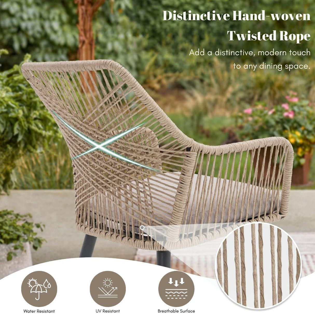 5-Piece Outdoor Patio Dining Set with Rope Chairs & Glass Top Table
