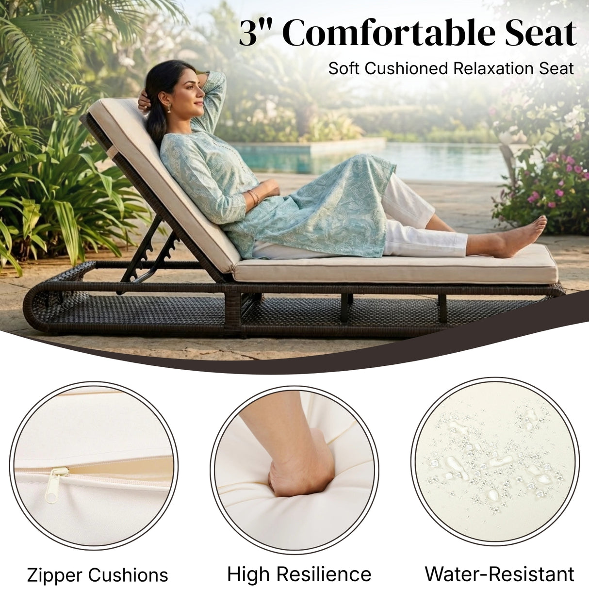 Outdoor Rattan Wicker Single Lounger Chair (Dark Brown & Cream)