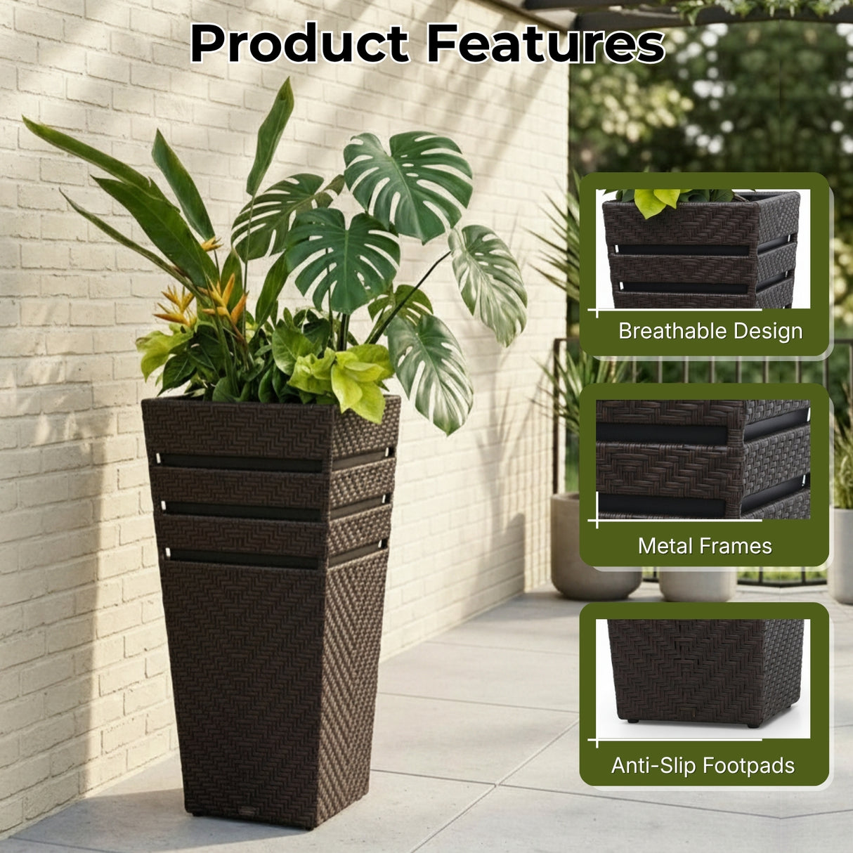 Outdoor Tall Square Rattan Planter Set of 2 (Dark Brown)
