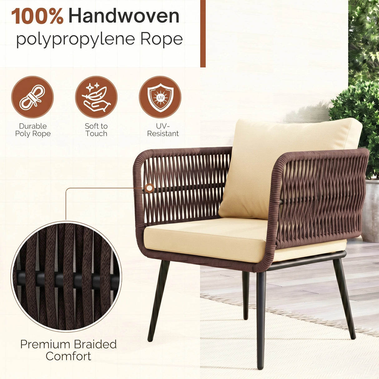Outdoor Rope 4 Seater Conversation Furniture Set (Brown & Cream)