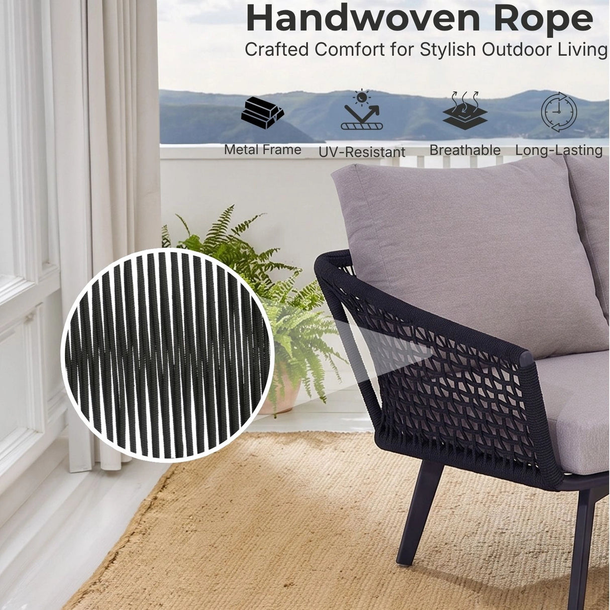 2-Piece Outdoor Rope Loveseat Sofa With Ottoman