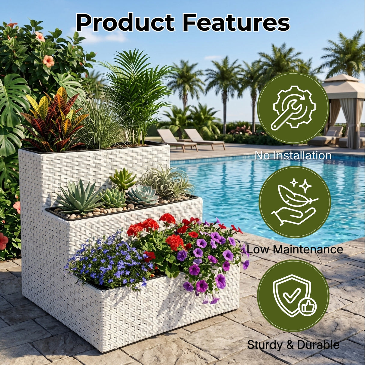 Outdoor 3-Tier Wicker Raised Planter Stand (White)