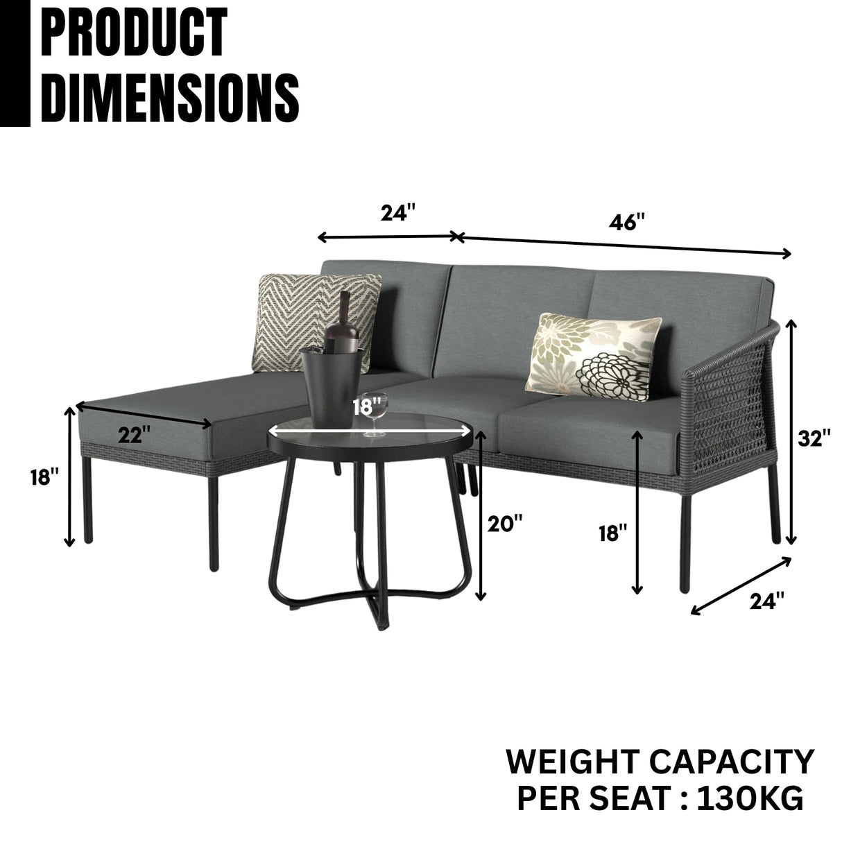 L-Shaped Patio Conversation Sofa Set with Thick Cushions & Side Table (Grey)