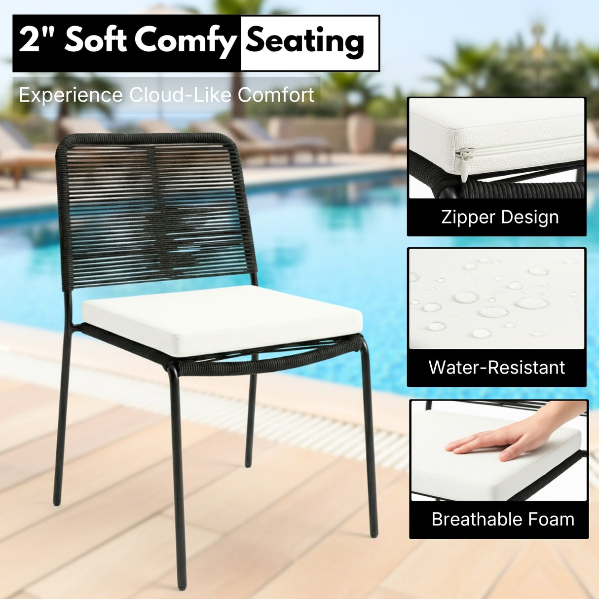 Outdoor Rope Dining Chair with Cushion (Black & White)