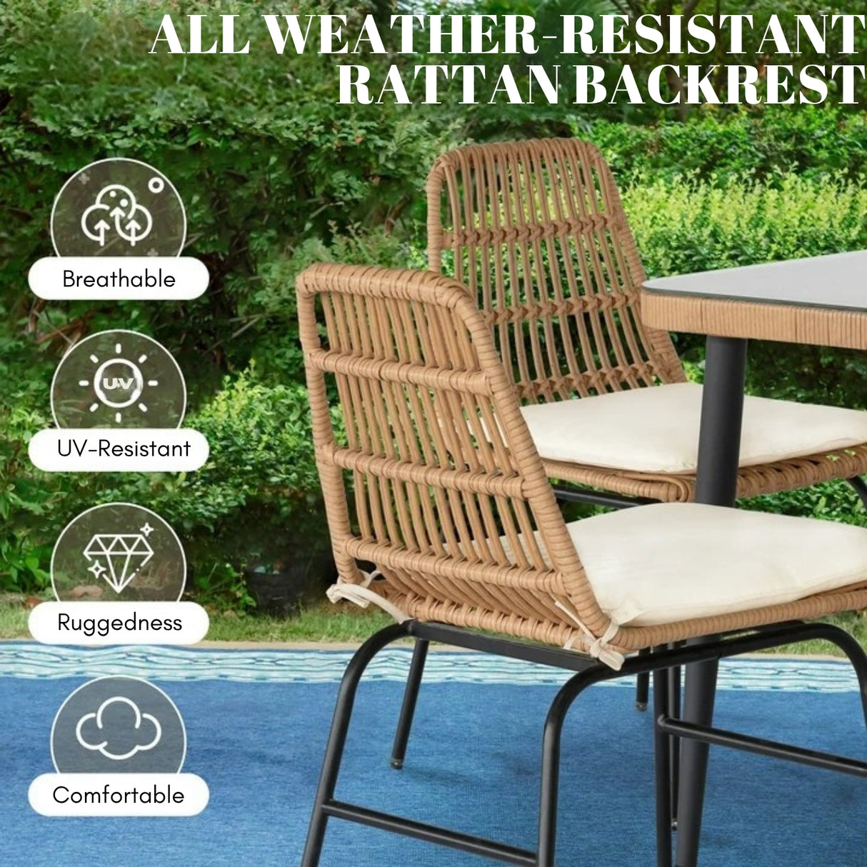 5-Piece Outdoor Patio Dining Set With Rattan Chairs & Glass-Top Table