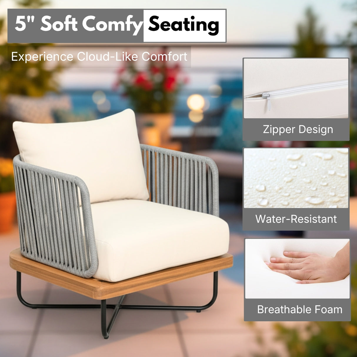 Outdoor Rope Sofa with Wooden Base (Grey & Cream)