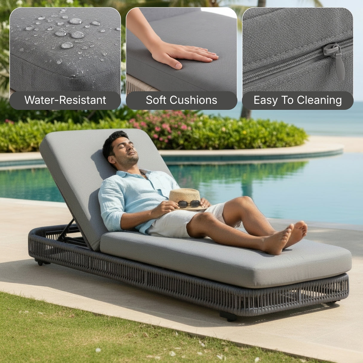 Outdoor Rope Lounger Set of 2 with Adjustable Backrest (Grey)