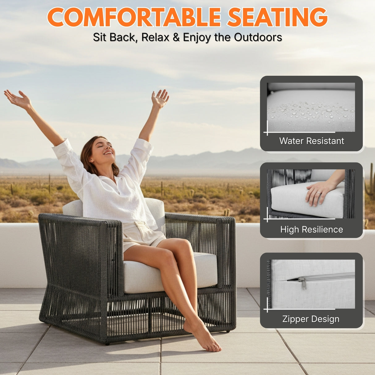 2-Piece Outdoor Rope Sofa Chairs (Grey & Off-White)