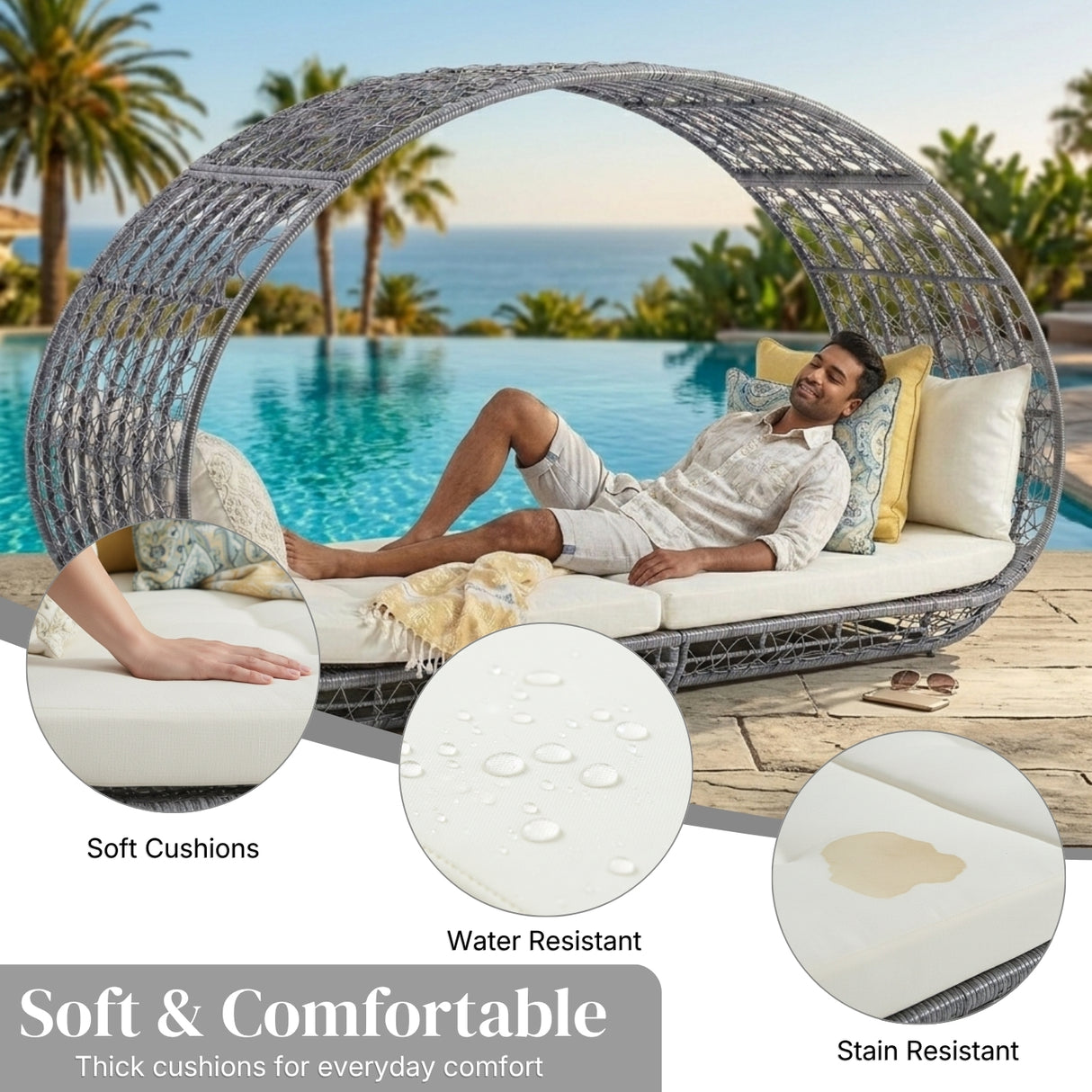 Outdoor Rattan Wicker Daybed with Oval-Shaped Canopy Frame (Silver Grey & Off-White)