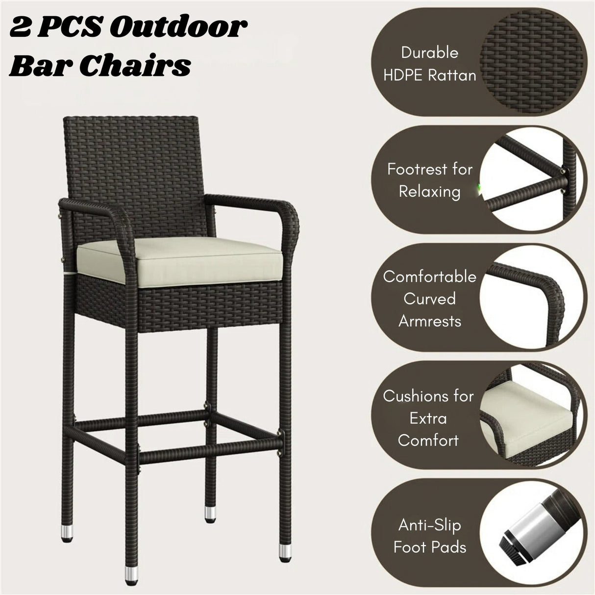 Outdoor Rattan Wicker 2-Piece Bar Chairs