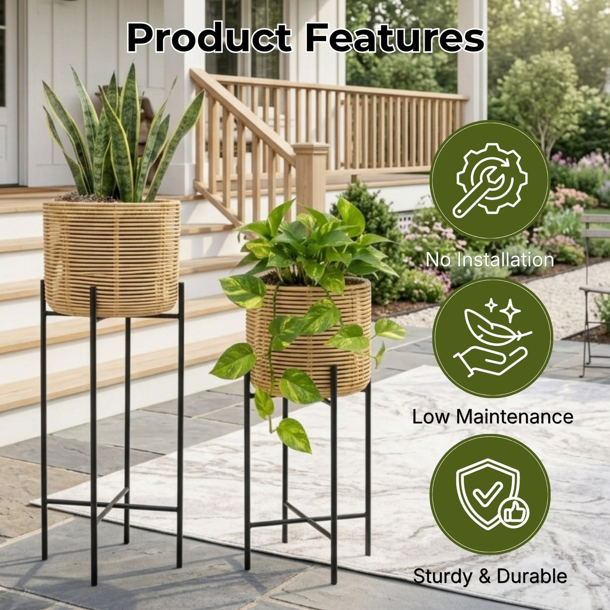 Outdoor Wicker Set of 4 Planters with Metal Stands