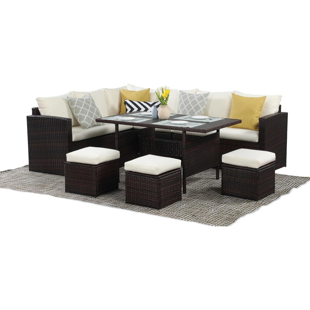 6-Pieces L-Shape Patio Rattan Dining Set