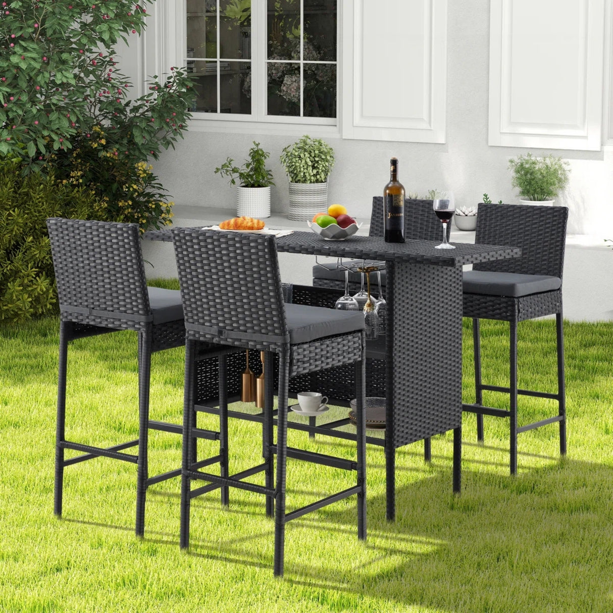 5-Piece Outdoor Rattan Wicker Bar Set with Wicker Top Table