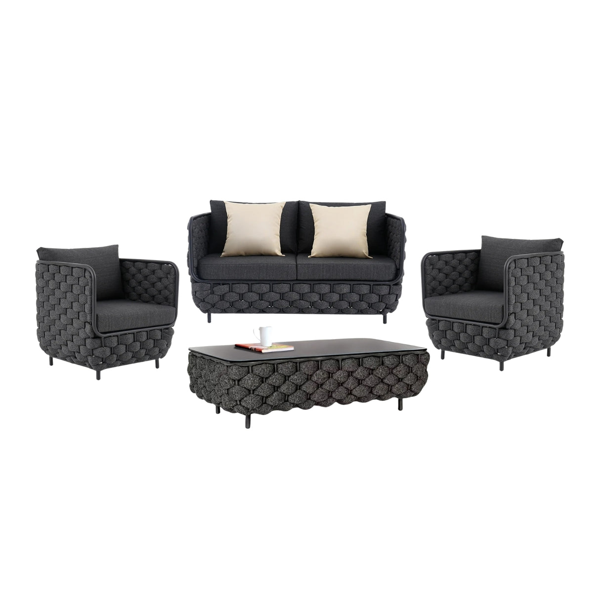 4 Piece Outdoor Rope Sofa Set with Glass Top Coffee Table (Black)