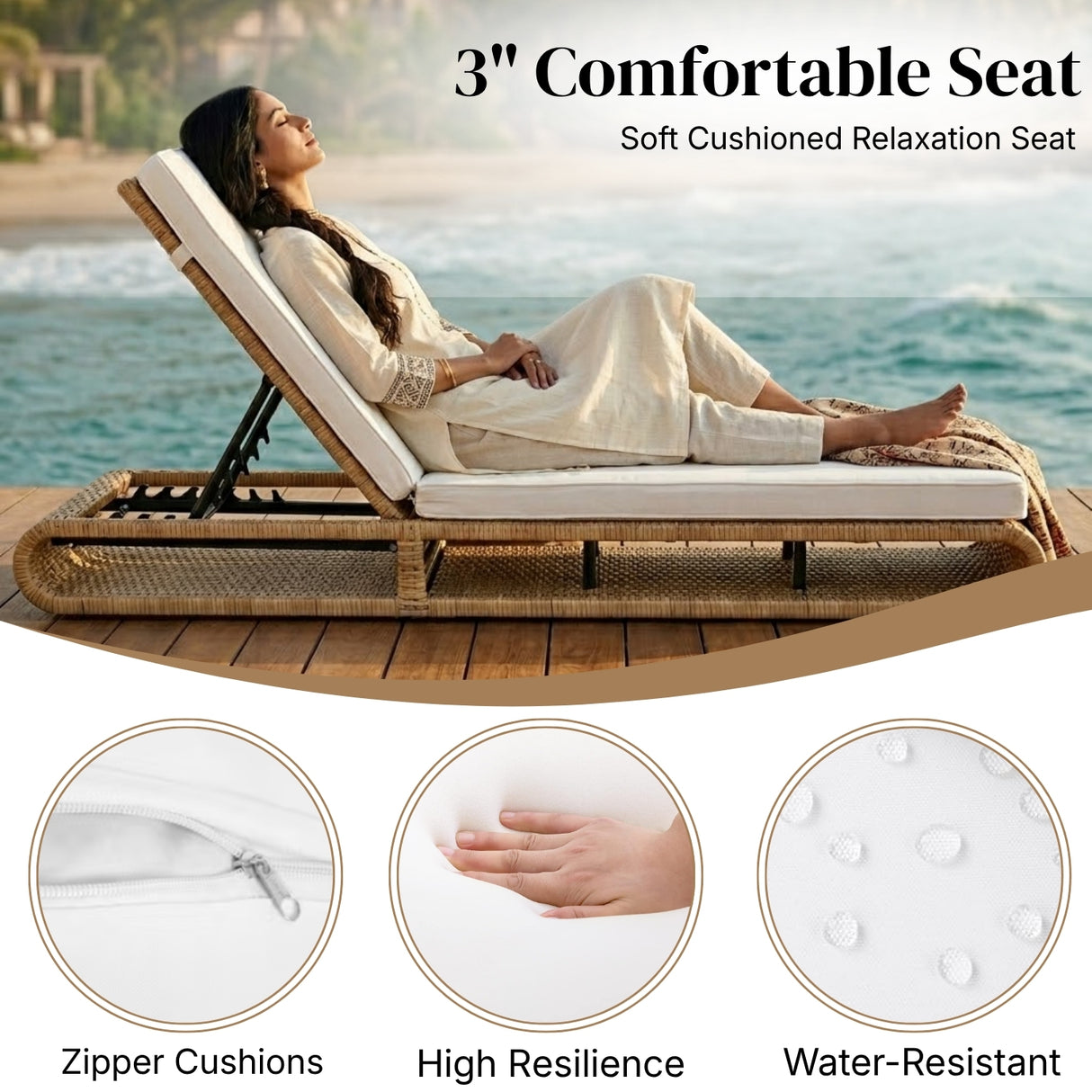 Outdoor Rattan Wicker Single Lounger Chair (Beige & Off-White)