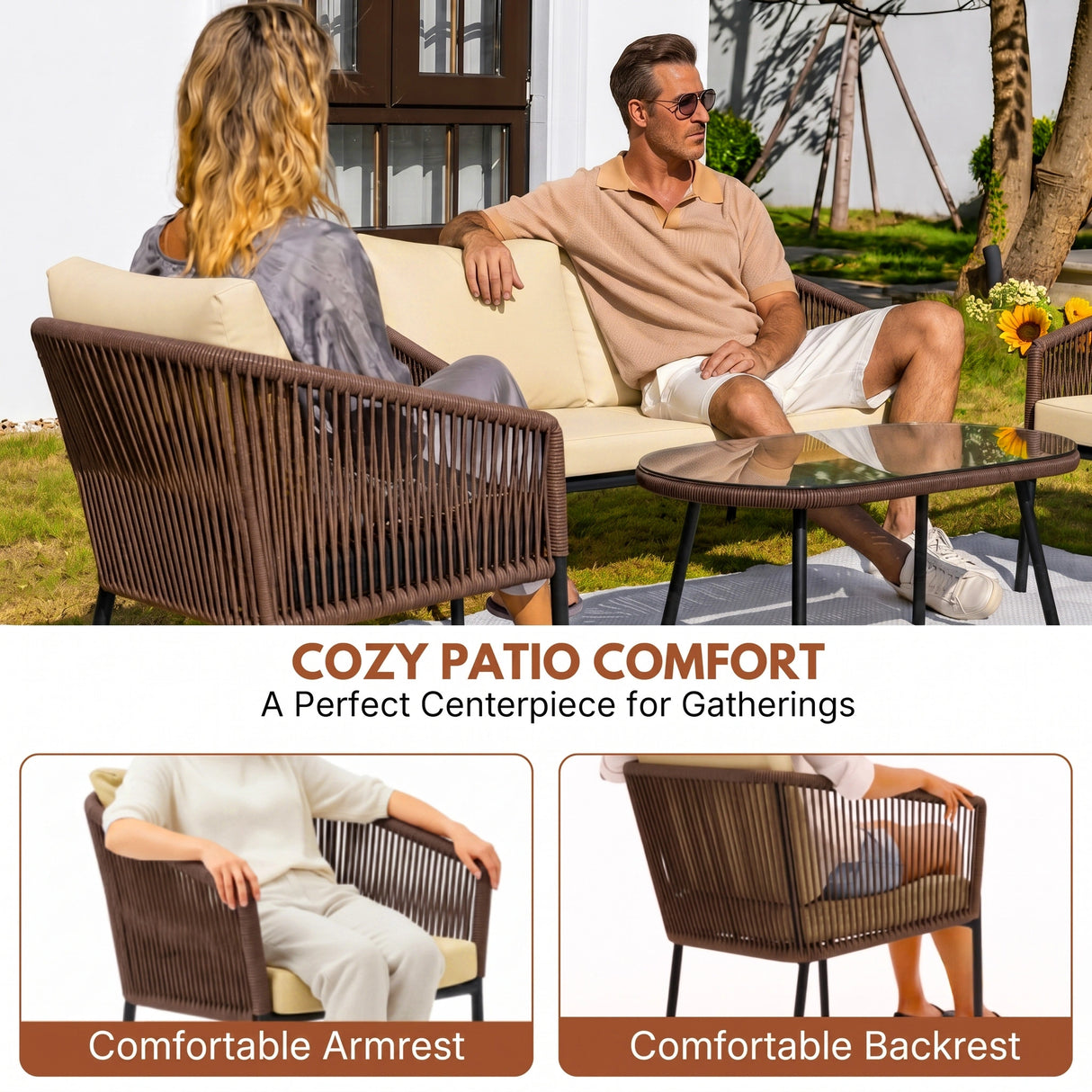Outdoor 4 Seater Rope Conversation Sofa Set (Brown & Cream)