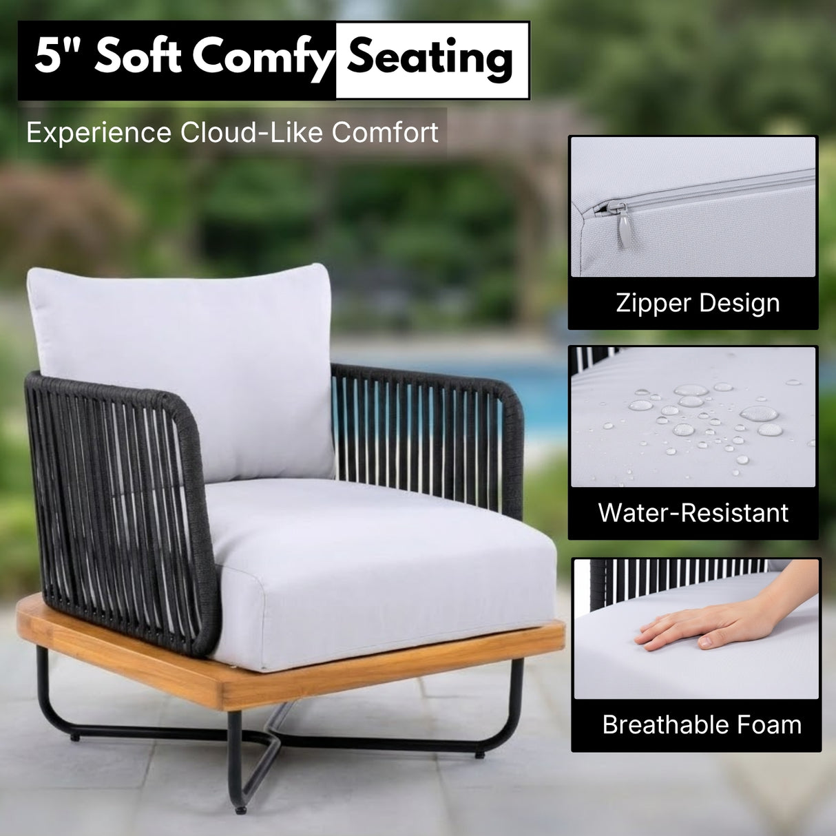 Premium All-Weather Outdoor Rope Sofa Chairs Set (Black & Off-White)