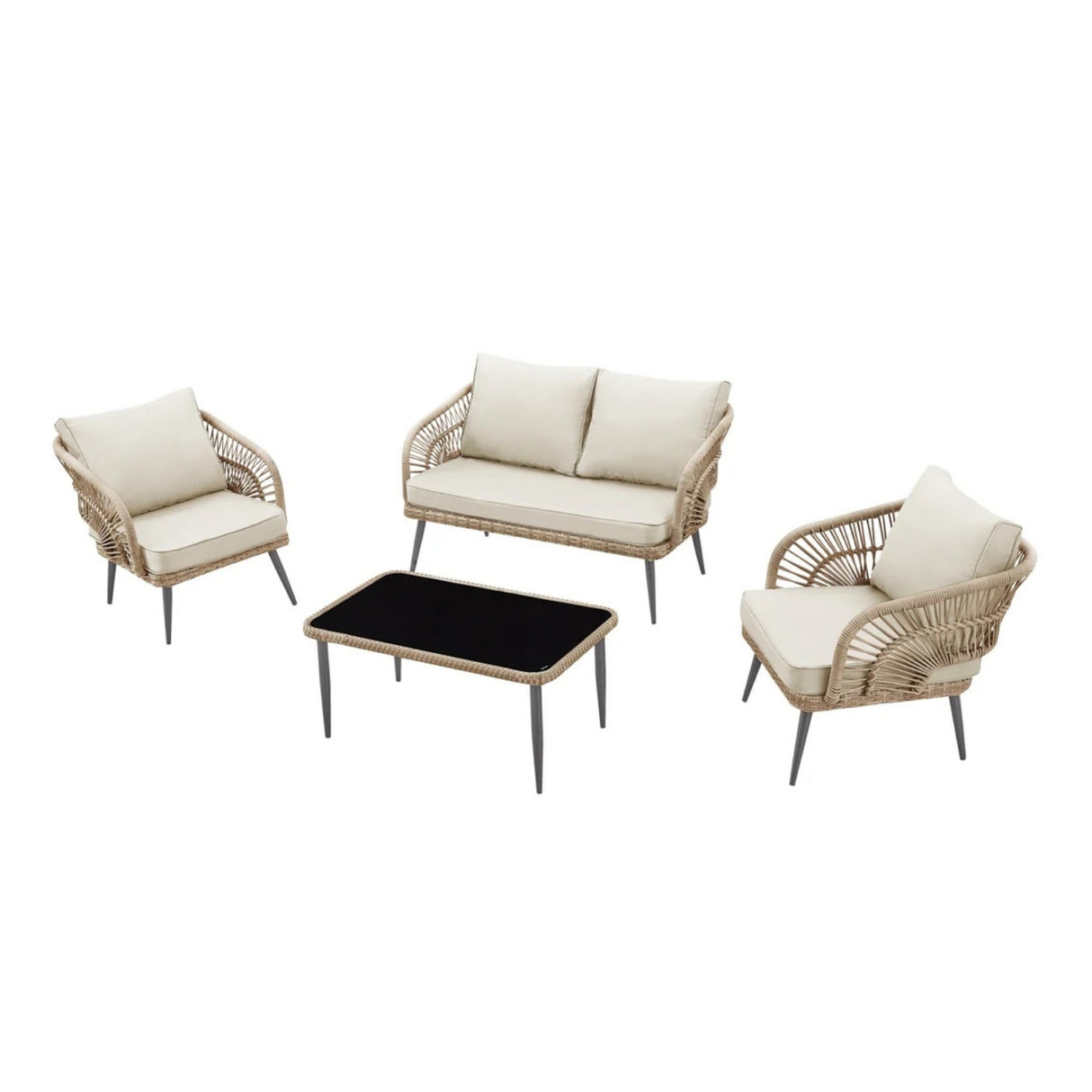 Outdoor Rope 4-Piece Patio Sofa Set with Glass Top Table (Beige/Cream)