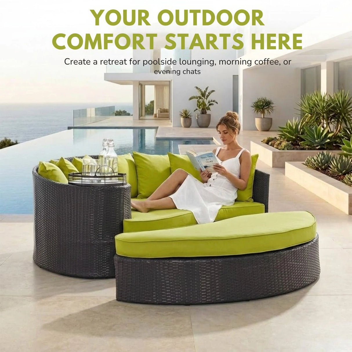 Outdoor Rattan Wicker Daybed (Dark Brown & Green)