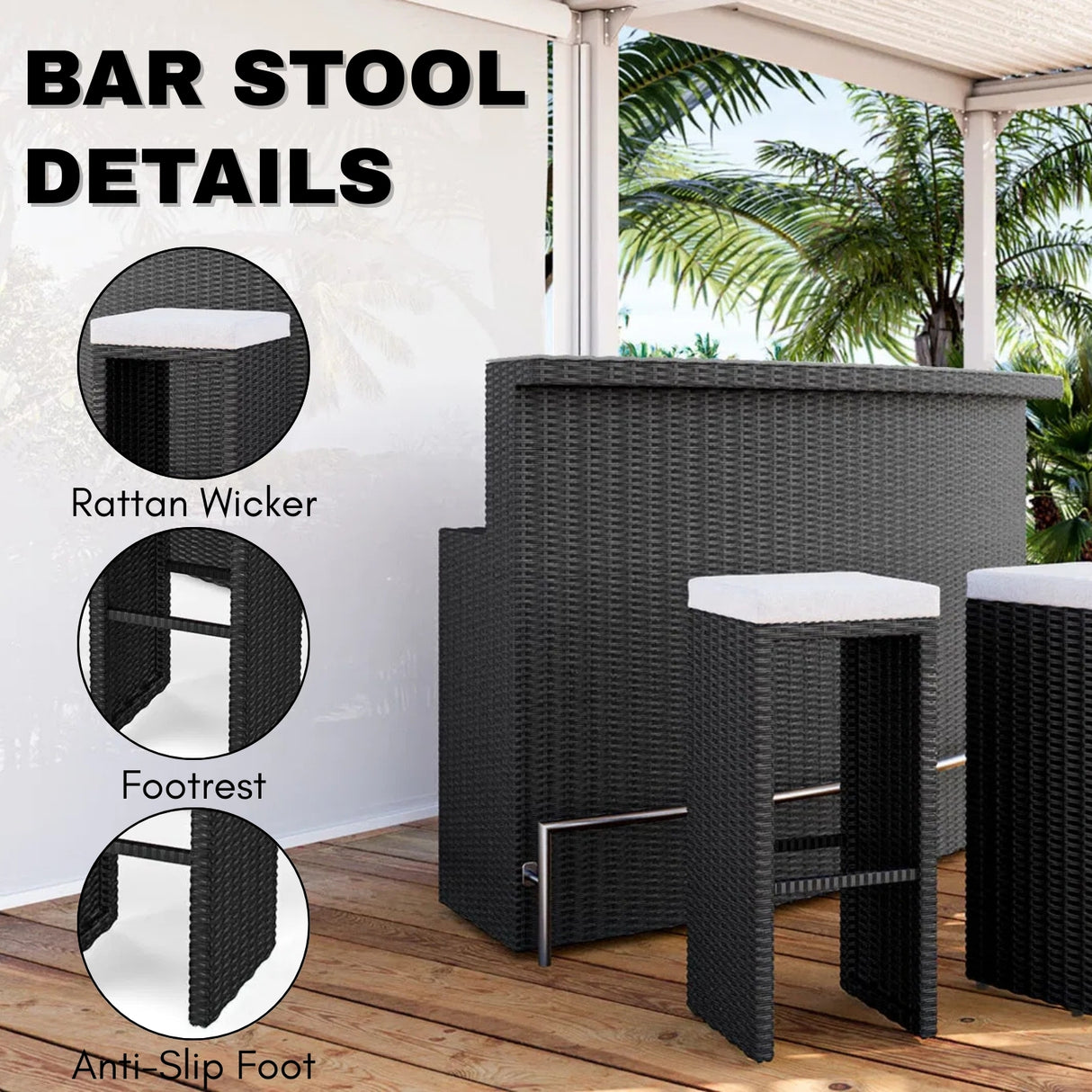 3-Seater Outdoor Rattan Wicker Bar Set