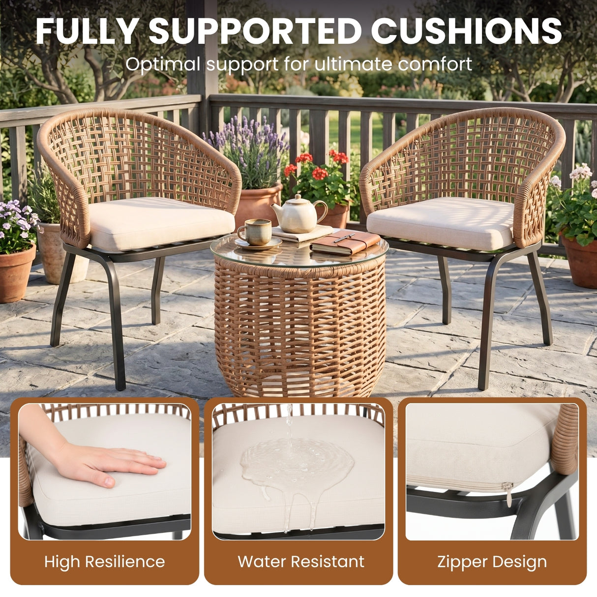 3 Piece Garden Outdoor Rope Patio Set
