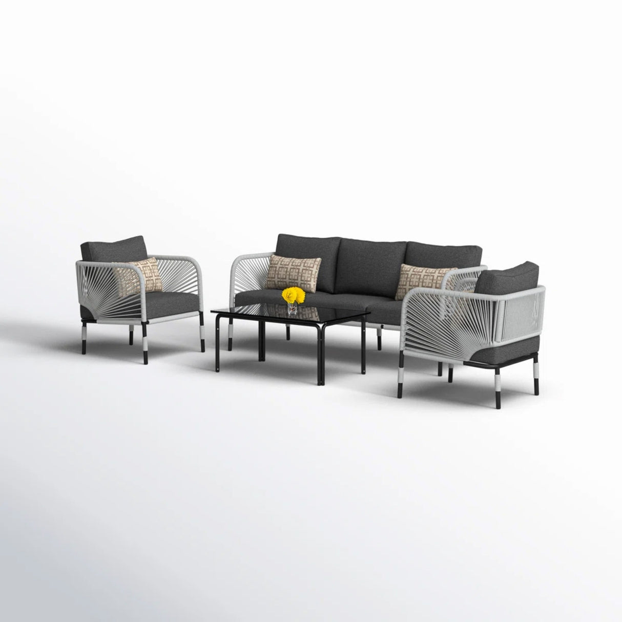 Outdoor Rope 5-Seater Sofa Set With Glass Top Table