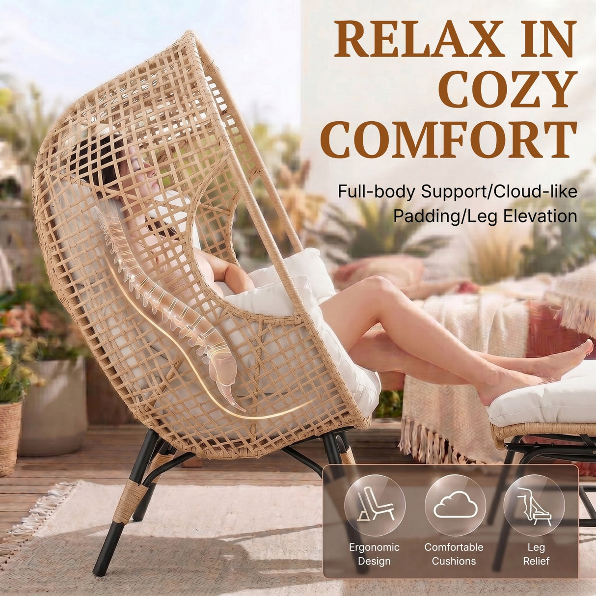 4-Piece Outdoor Wicker Egg Chair Set with Ottomans (Beige & Off-White)