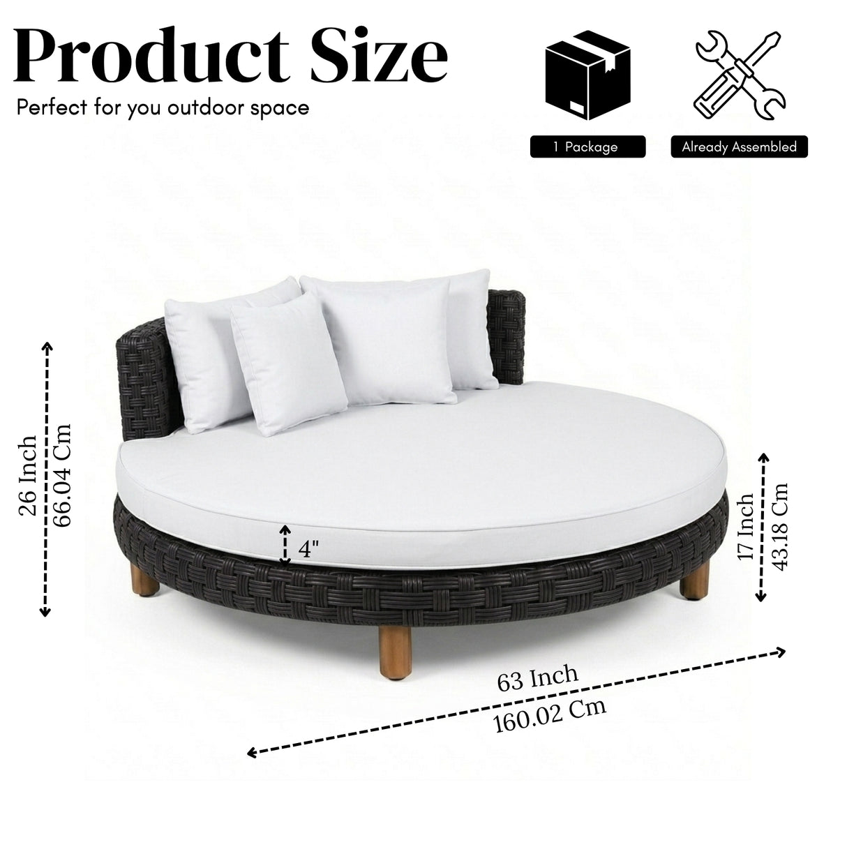 Outdoor All-Weather Rattan Wicker Round Daybed (Black & White)