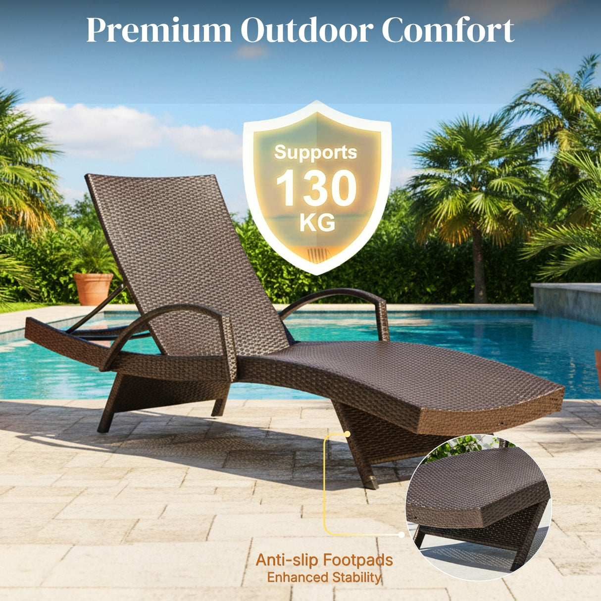 Outdoor All-Weather HDPE Wicker Rattan Sunlounger Recliner with Side Table