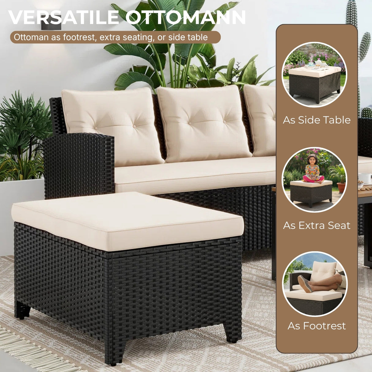Outdoor Wicker L-Shape Sofa Set with Ottoman & Convertible Wooden Coffee Table