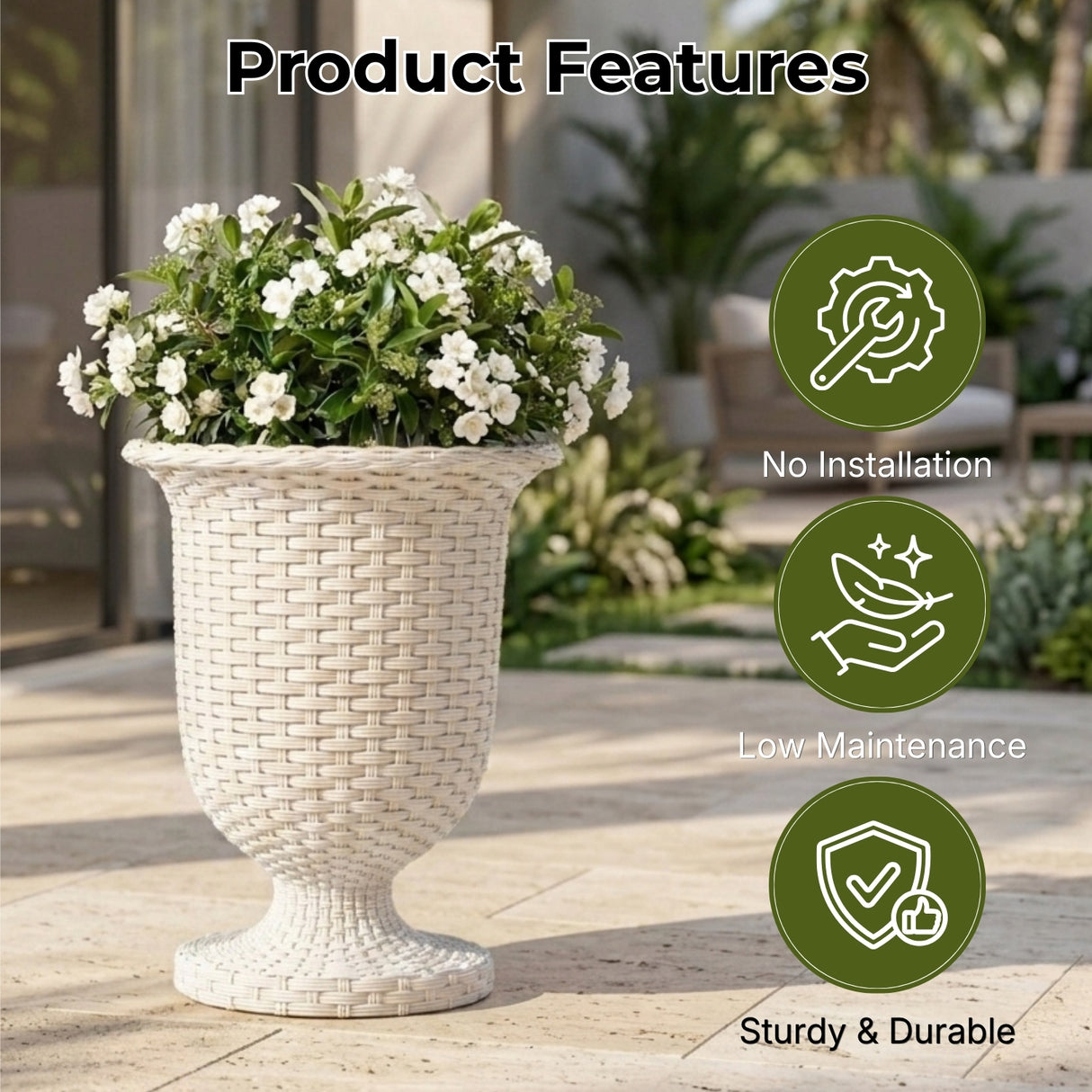 Outdoor Rattan Wicker Urn Planter Set of 3 (White)