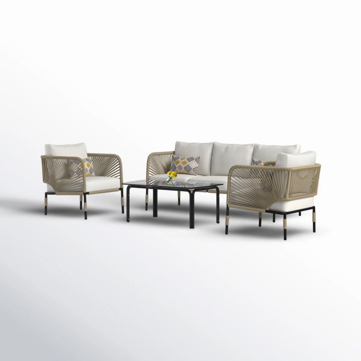 Outdoor Rope 5-Seater Sofa Set With Glass Top Table