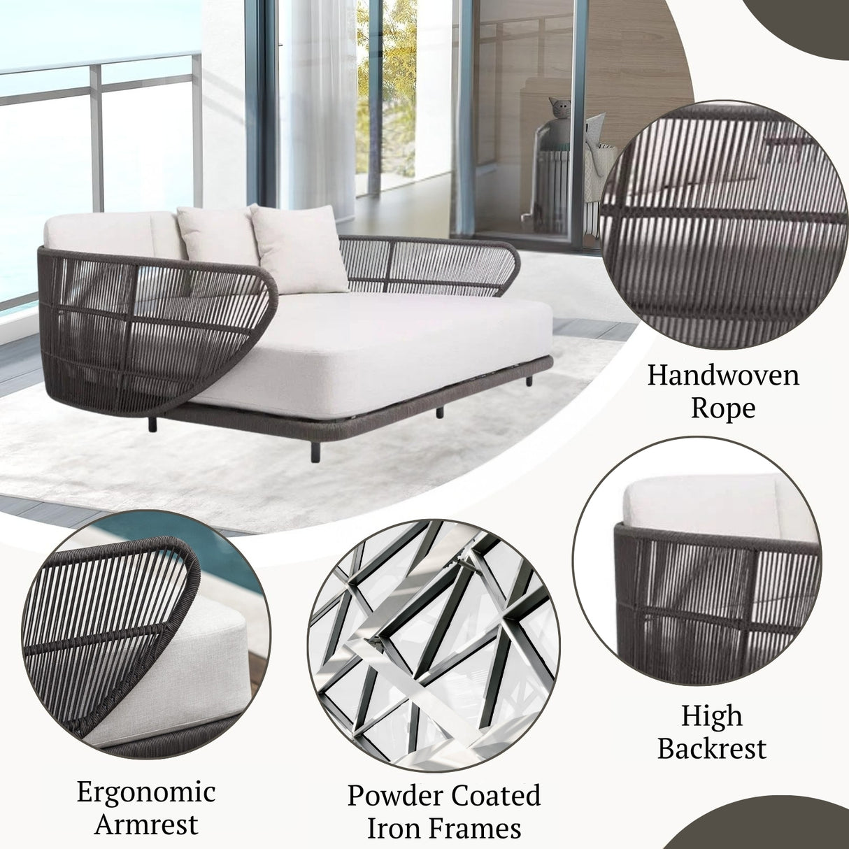 Outdoor Grey Rope Patio Daybed With Off-White Cushion