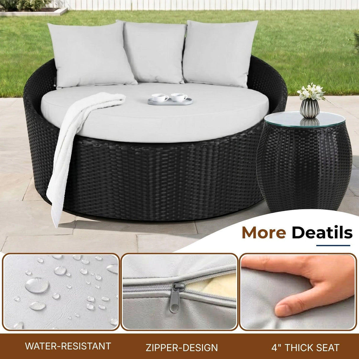 Outdoor Rattan Wicker Daybed with Glass Top Table