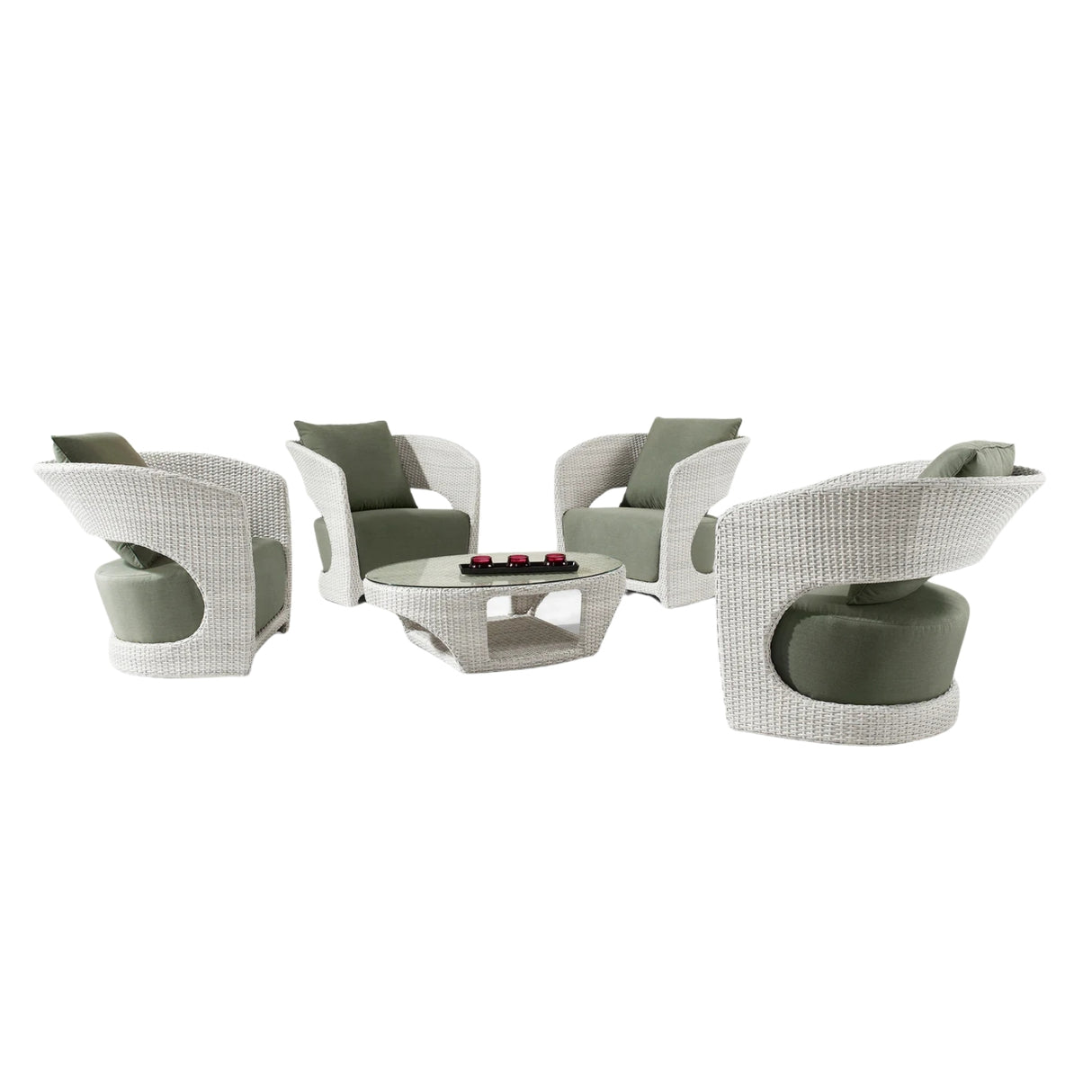 Outdoor White Rattan Wicker Sofa Chairs With Glass Top Table