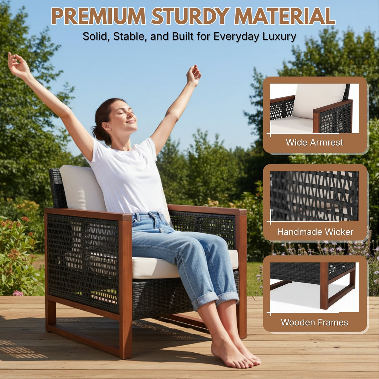 Outdoor Wicker 3-Piece Patio Furniture Set with Solid Wooden Frames (Dark Brown & White)