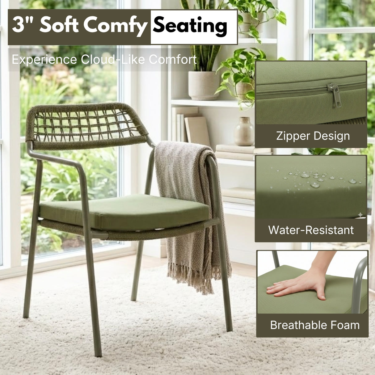 Outdoor Rope Dining Chair with Cushion (Green)