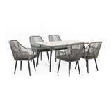 7-Piece Outdoor Patio Dining Set with Rope Chairs & Glass Top Table