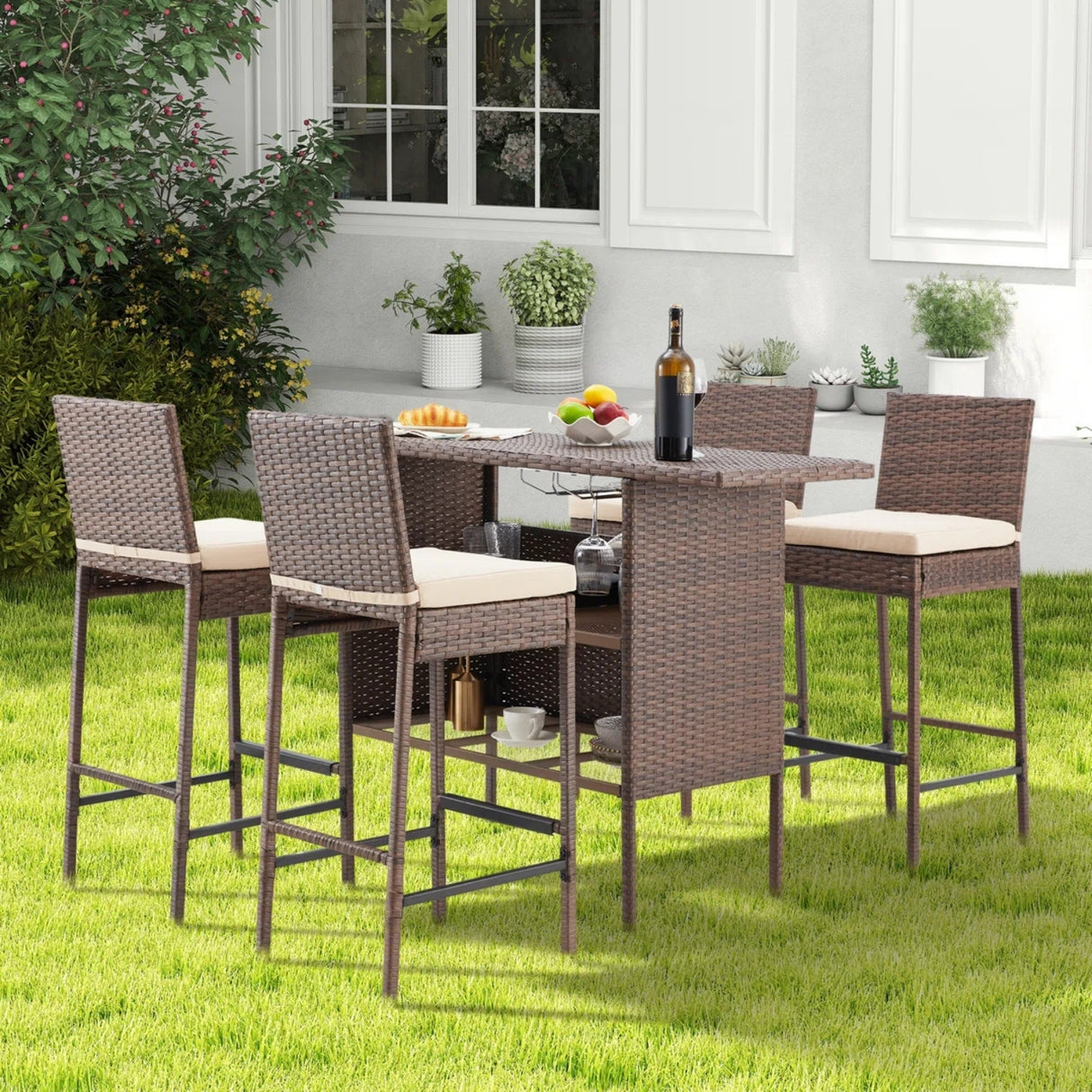 5-Piece Outdoor Rattan Wicker Bar Set with Wicker Top Table