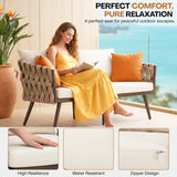 4-Piece Outdoor Rope Sofa Set With Glass Top Table (Beige & Off-White)
