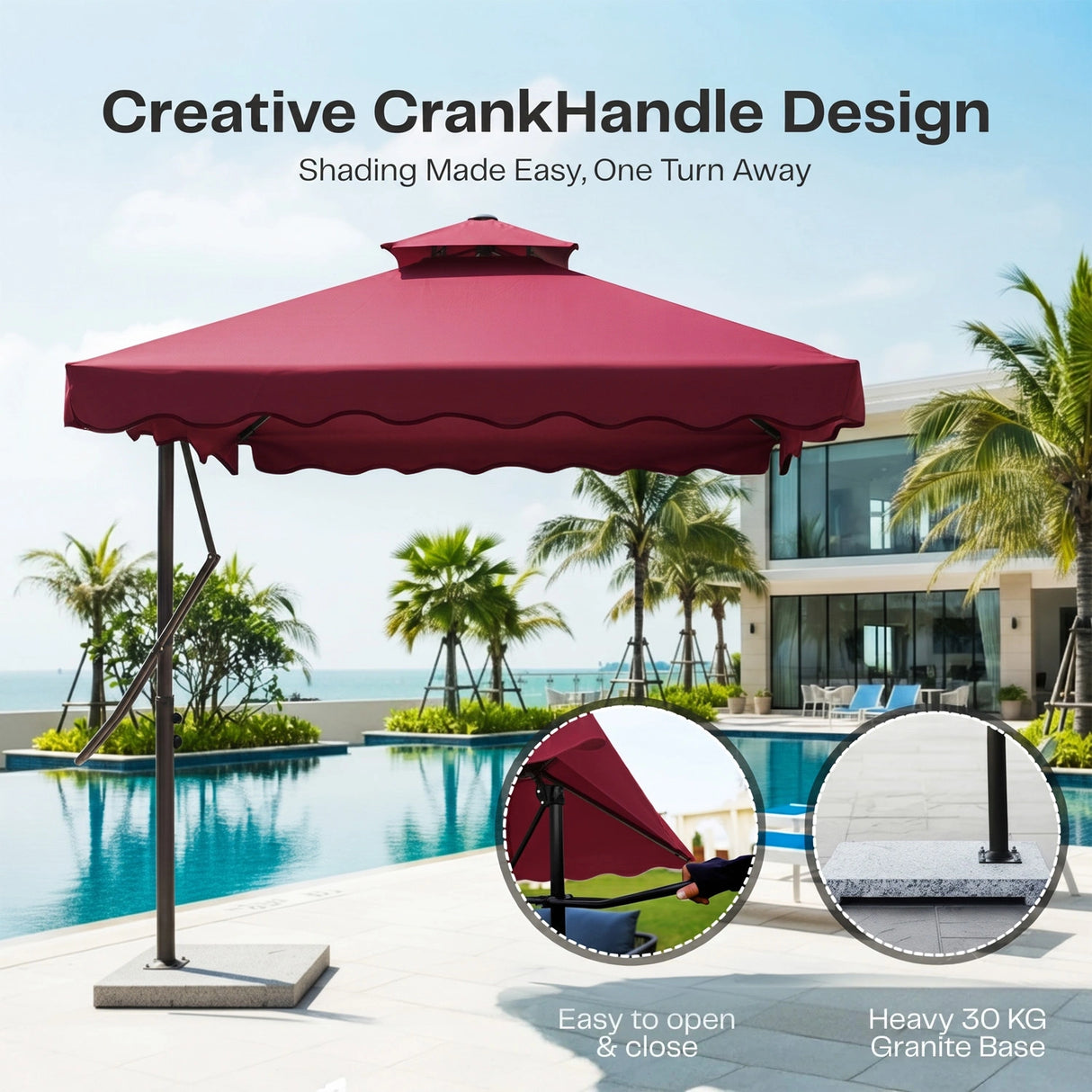 10ft Side Pole Square Shape Outdoor Umbrella With Granite Base (Maroon)