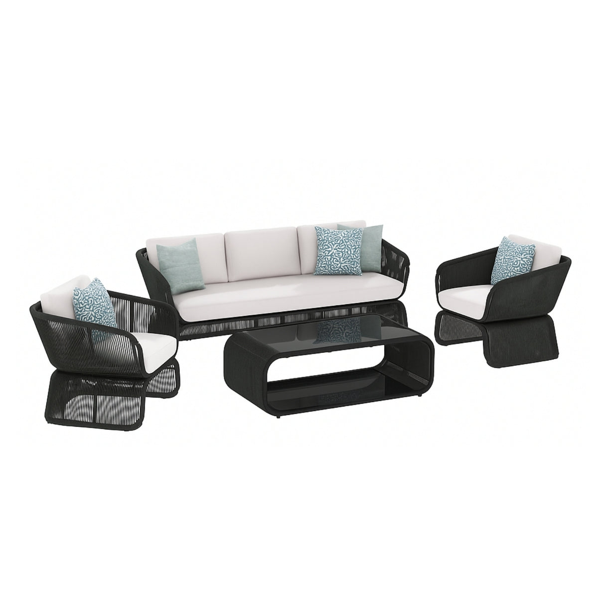 Outdoor Braided Rope Sofa Set With 2-Tier Glass Top Table