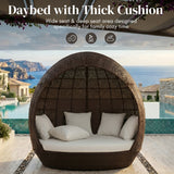 Outdoor Rattan Wicker Egg-Shaped Daybed (Dark Brown Wicker & Off-White)
