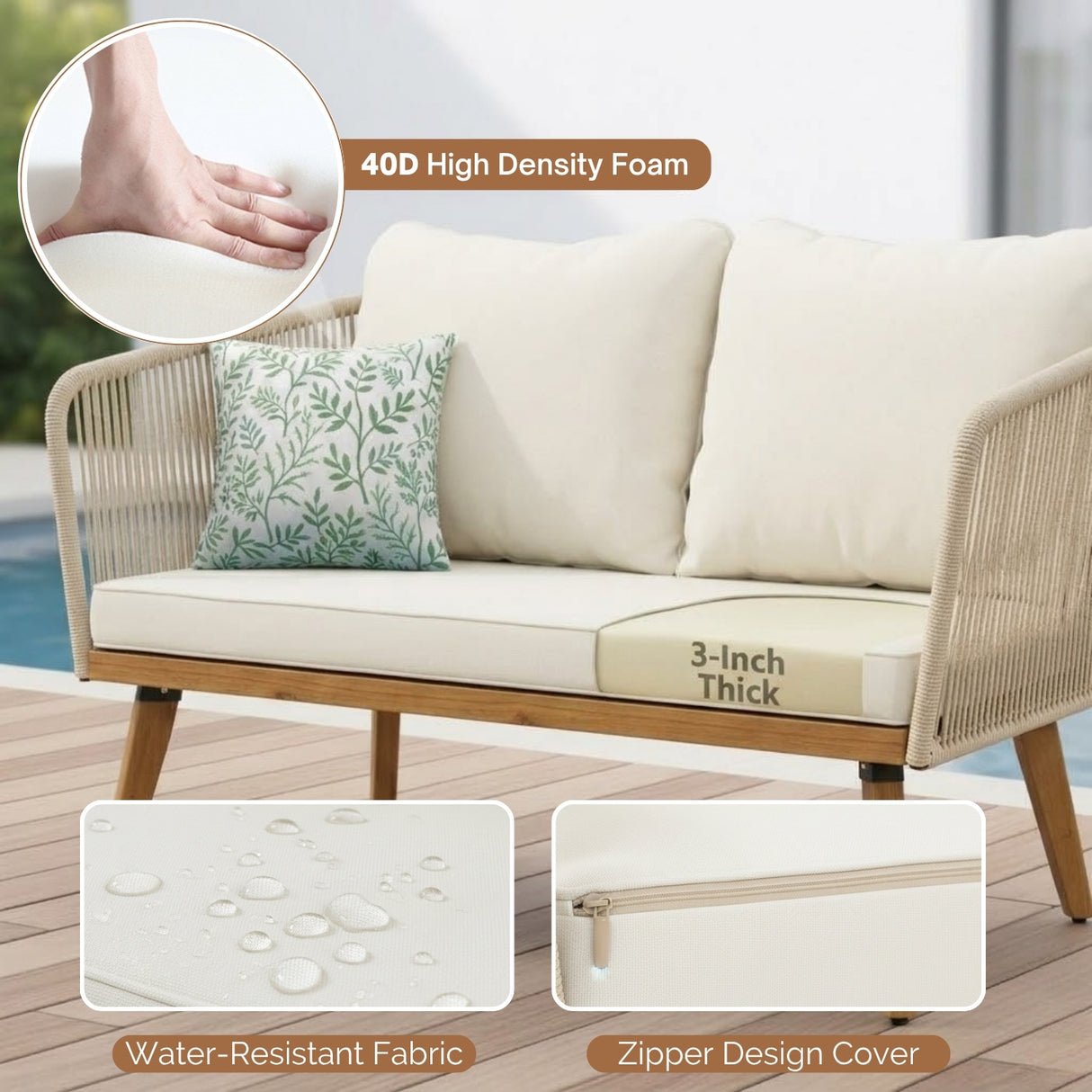 Outdoor Rope 4-Piece Patio Sofa Set with Wooden Legs & Coffee Table (Platinum & Off-White)