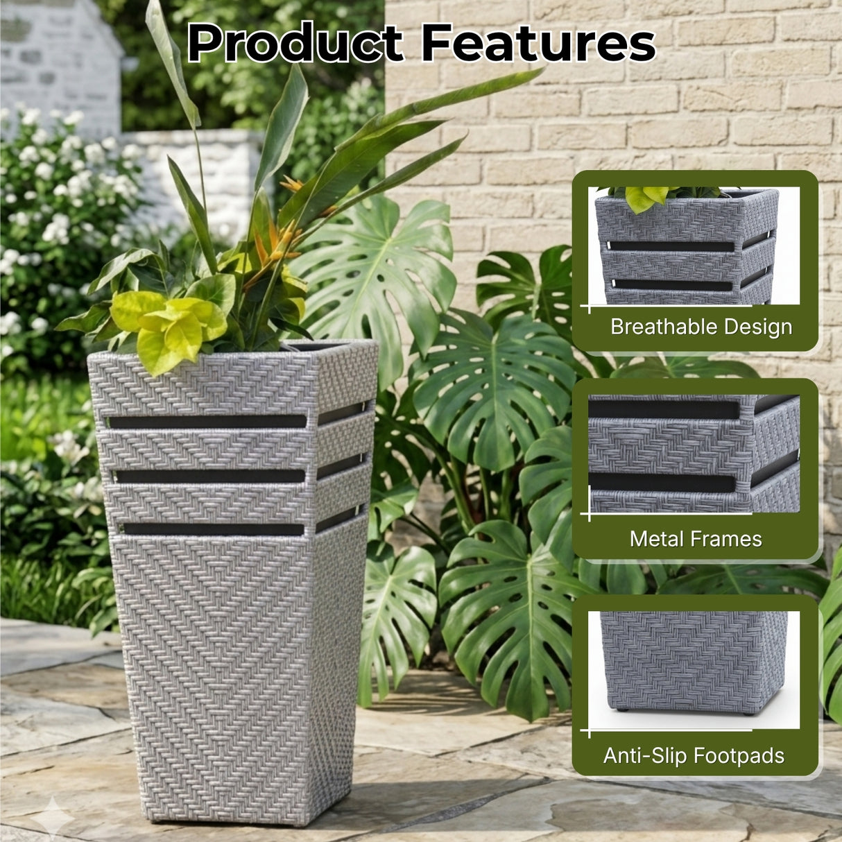 Outdoor Tall Square Rattan Planter Set of 2 (Silver Grey)