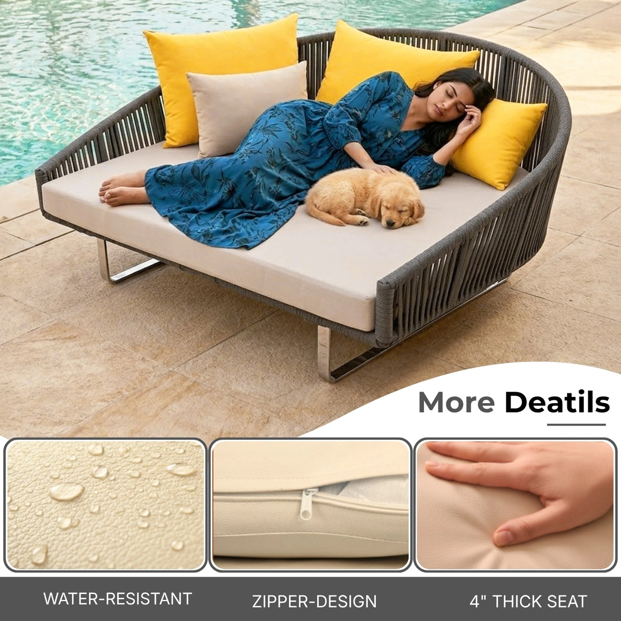 Outdoor Grey Rope Patio Daybed with Comfortable Cream Cushion