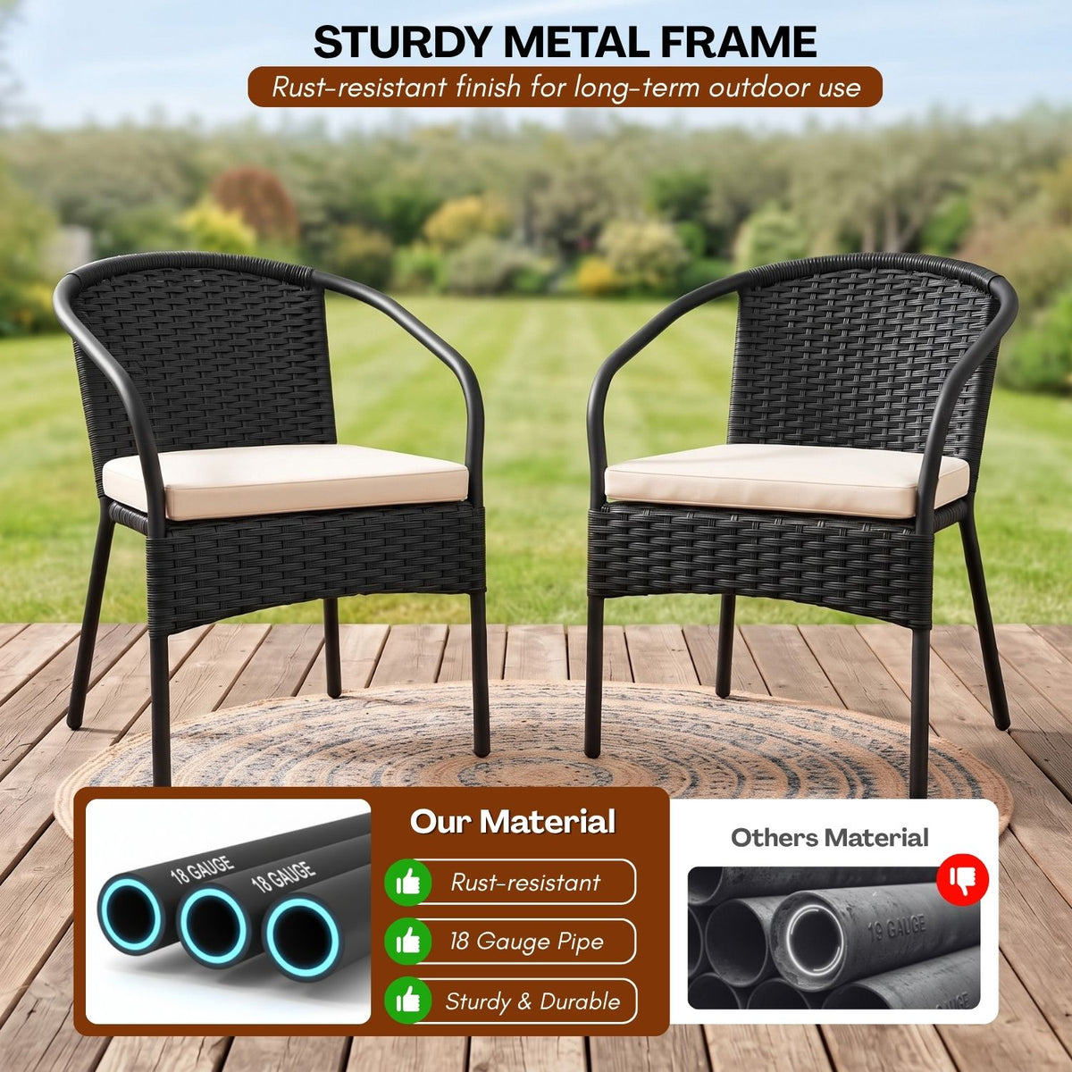 3 Piece Outdoor Wicker Patio Furniture Set (Black & Cream)